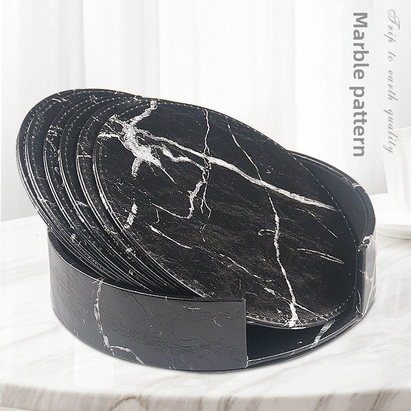 Round leather placemat set of 6 in Black Marble pattern with matching storage caddy