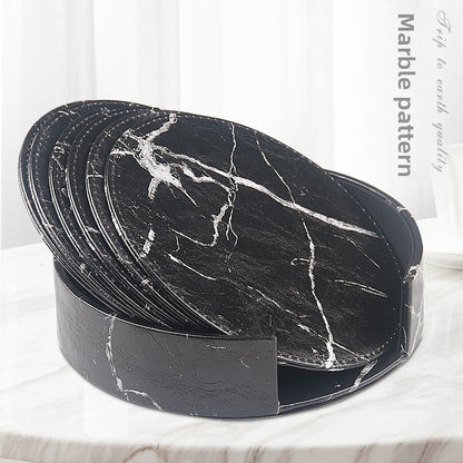 Round leather placemat set of 6 in Black Marble pattern with matching storage caddy