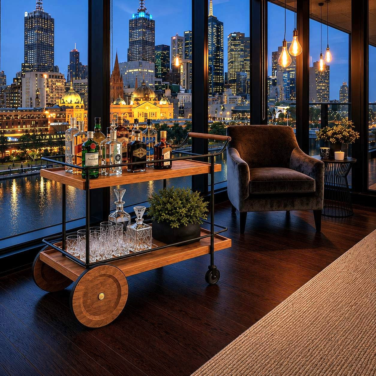 Fitzroy Wood and Iron Bar Cart in Melbourne luxury apartment with city skyline — industrial wood iron drinks trolley Australia