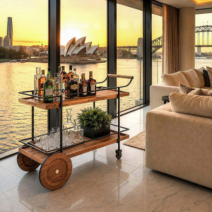 Fitzroy Wood and Iron Bar Cart in modern Australian home interior — industrial two-tier wood iron bar cart with bottle storage