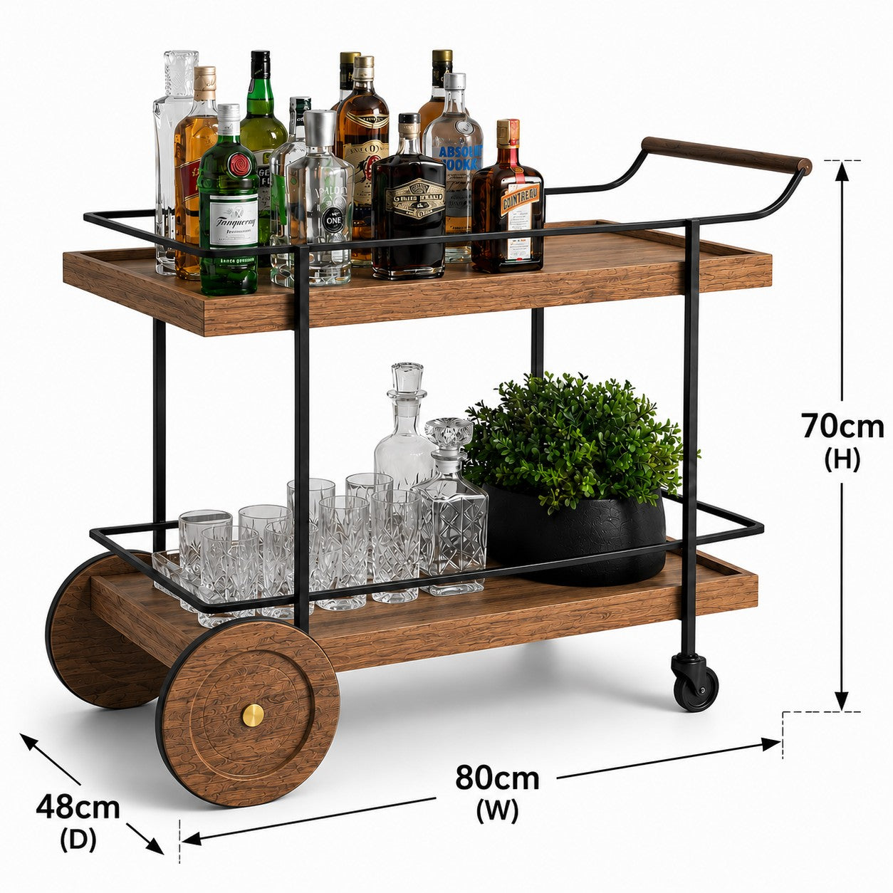 Fitzroy Wood and Iron Bar Cart — European industrial two-tier serving cart with wrought iron frame and solid wood shelves Australia