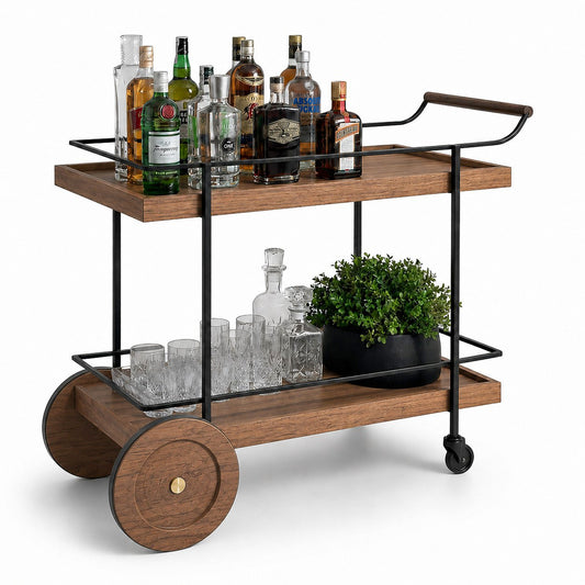 Fitzroy Wood and Iron Bar Cart styled with spirits and crystal barware — two-tier industrial bar cart with oversized wood wheels Australia