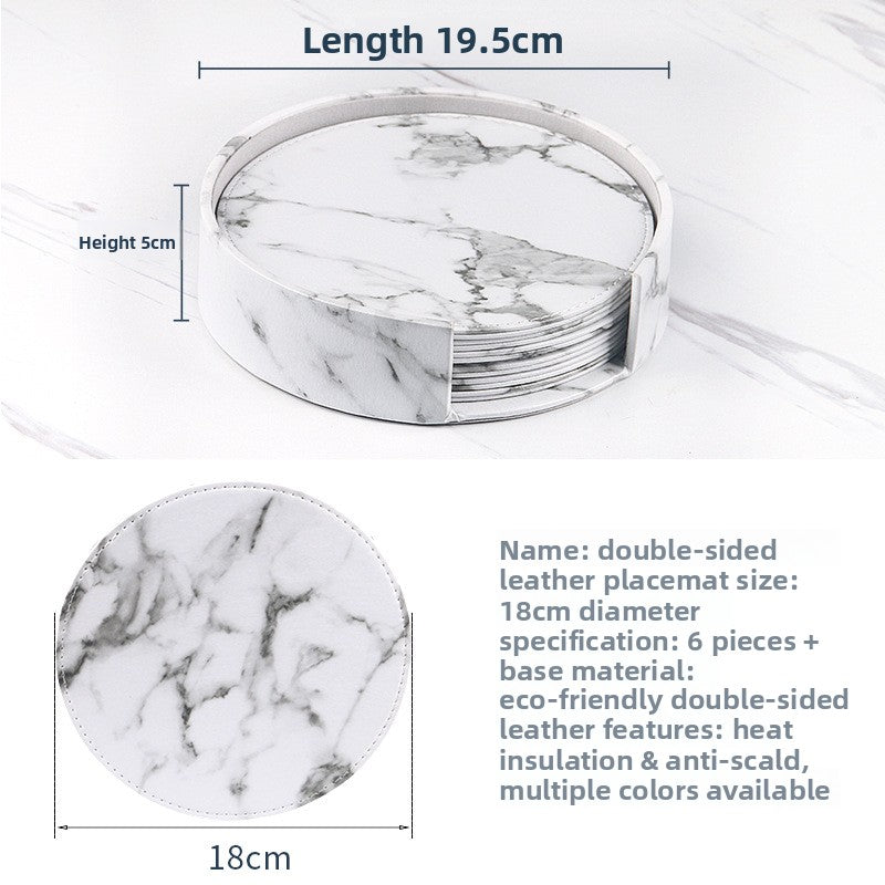 Round leather placemat dimensions: 18cm diameter mats, set of 6 pieces with 19.5cm storage caddy