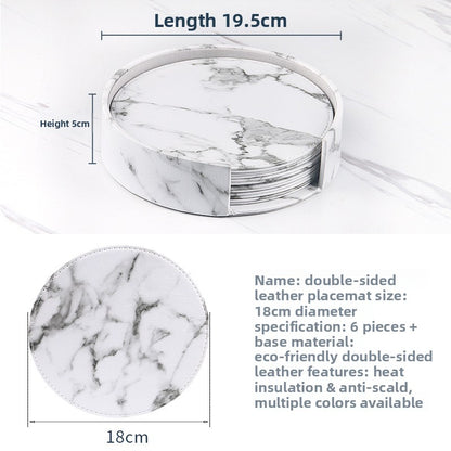 Round leather placemat dimensions: 18cm diameter mats, set of 6 pieces with 19.5cm storage caddy
