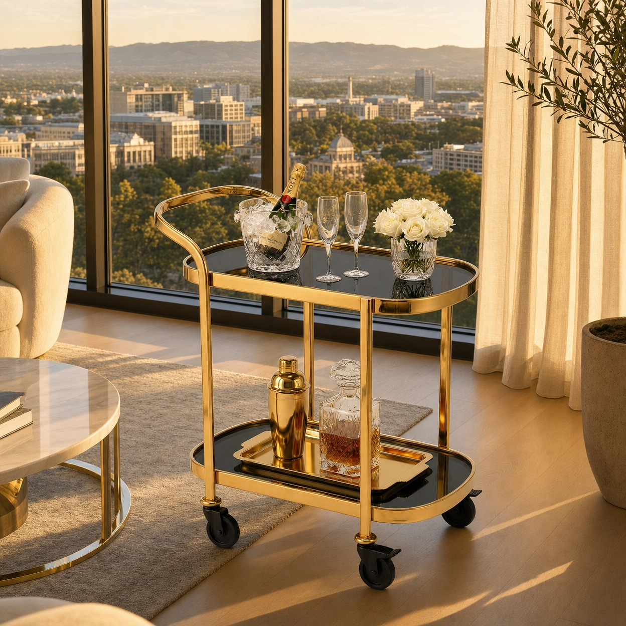 The Collins beverage cart with drinks display — two-tier black bar cart Australia