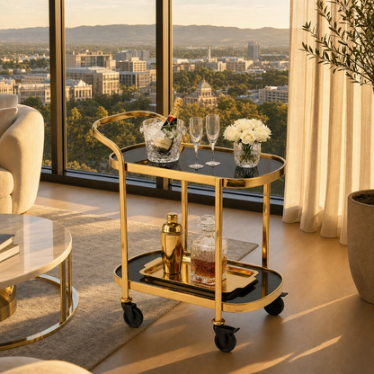 The Collins beverage cart with drinks display — two-tier black bar cart Australia