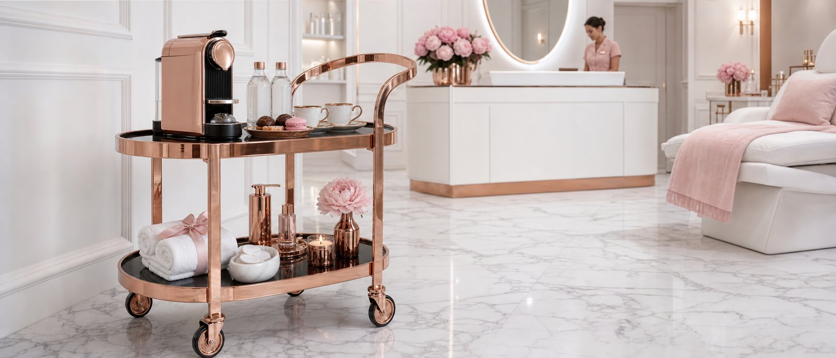 Rose gold oval bar cart in luxury aesthetic clinic with blush pink décor, styled with Nespresso machine,
water bottles, skincare products, rolled towels and white orchid — Royal Bar Carts Australia