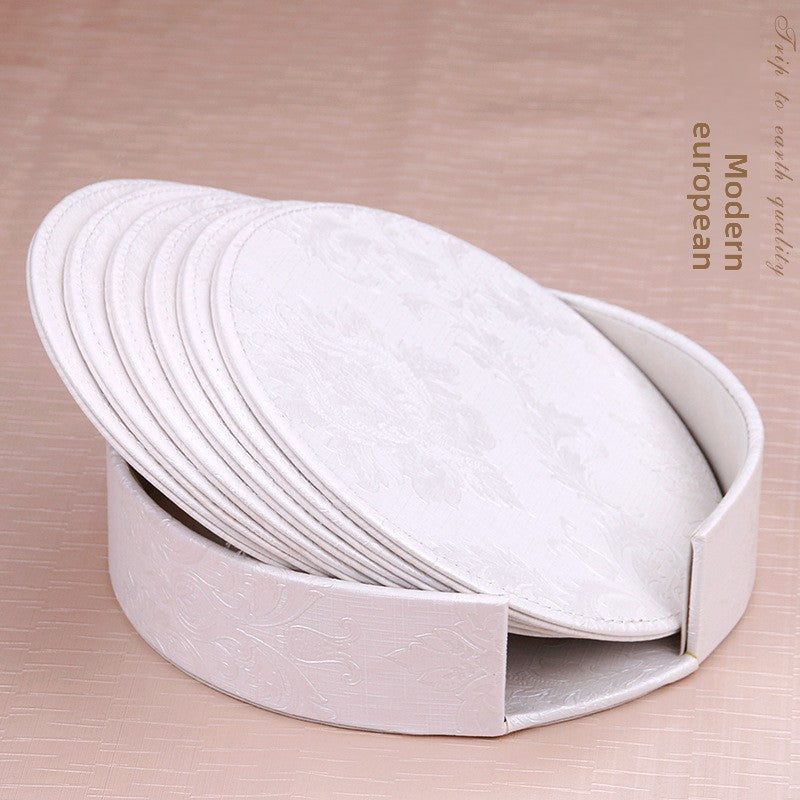 Round leather placemat set of 6 in Modern European style with matching storage caddy