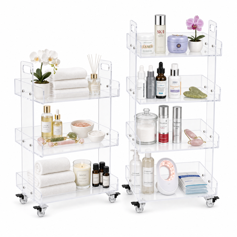 Crystal Clear Acrylic Rolling Salon Cart — 3-tier vs 4-tier size comparison — transparent acrylic beauty trolley Australia