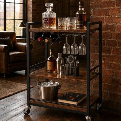 Brunswick iron and wood bar cart in industrial loft interior — matte black frame with built-in wine rack and stemware hangers