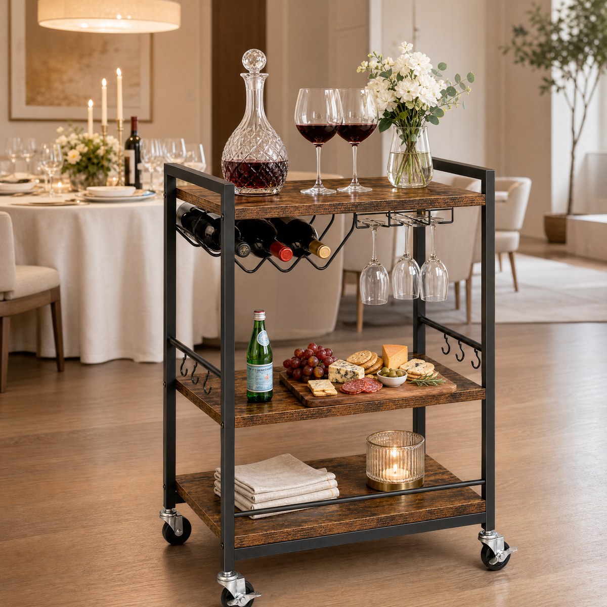 Brunswick rustic bar cart in modern dining room — three-tier industrial bar trolley with rustic wood shelves Australia