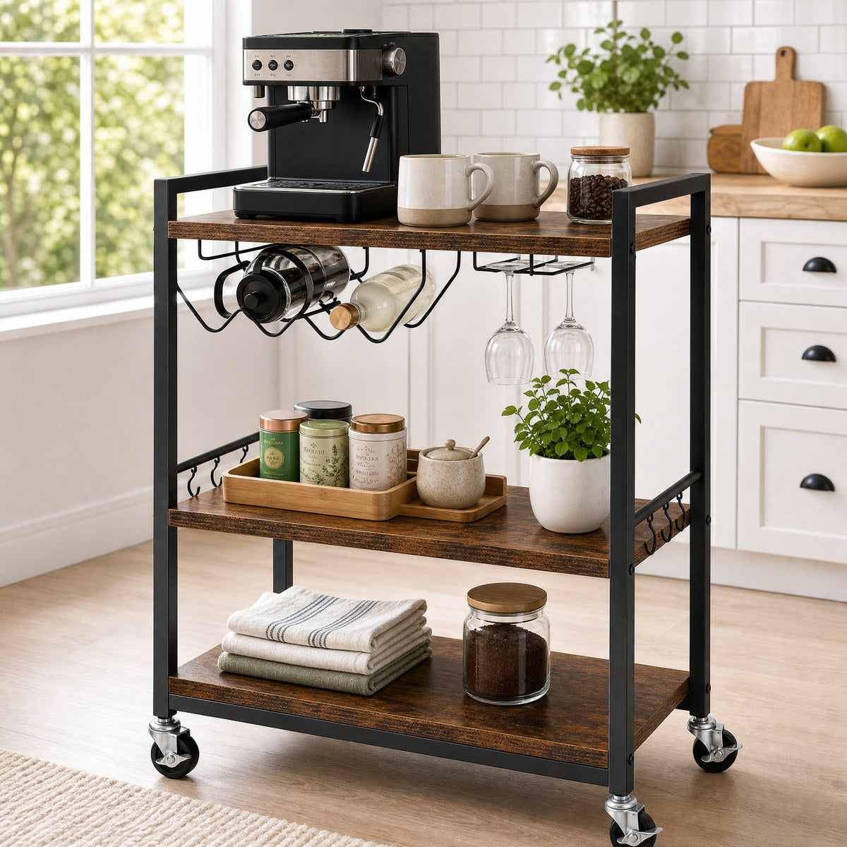 Brunswick bar cart used as kitchen and coffee station — versatile industrial serving trolley with carbon steel frame