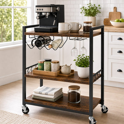 Brunswick bar cart used as kitchen and coffee station — versatile industrial serving trolley with carbon steel frame