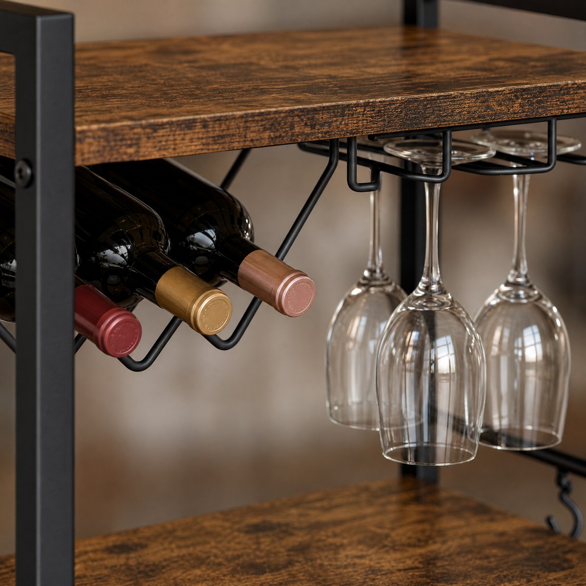 Brunswick bar cart built-in wine rack detail — angled rack holds 3–4 bottles with stemware hangers underneath middle shelf