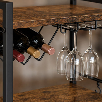 Brunswick bar cart built-in wine rack detail — angled rack holds 3–4 bottles with stemware hangers underneath middle shelf