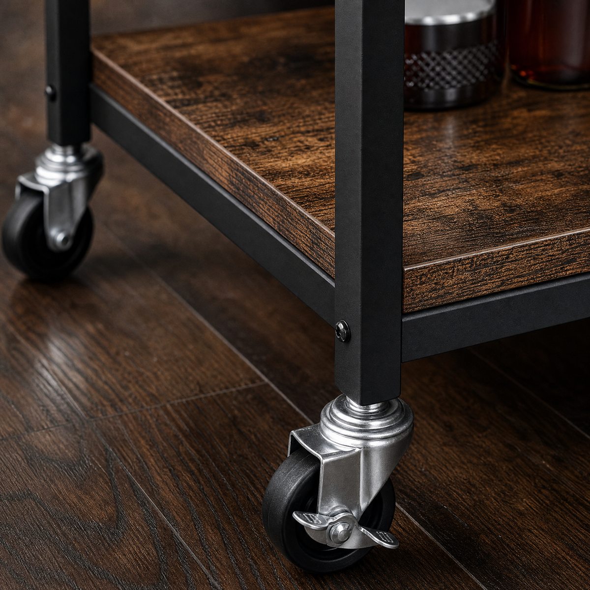Brunswick rustic bar cart caster wheel close-up — heavy-duty 360-degree wheels with secure locking brakes