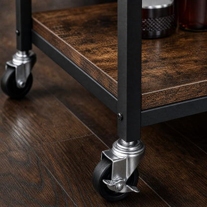 Brunswick rustic bar cart caster wheel close-up — heavy-duty 360-degree wheels with secure locking brakes