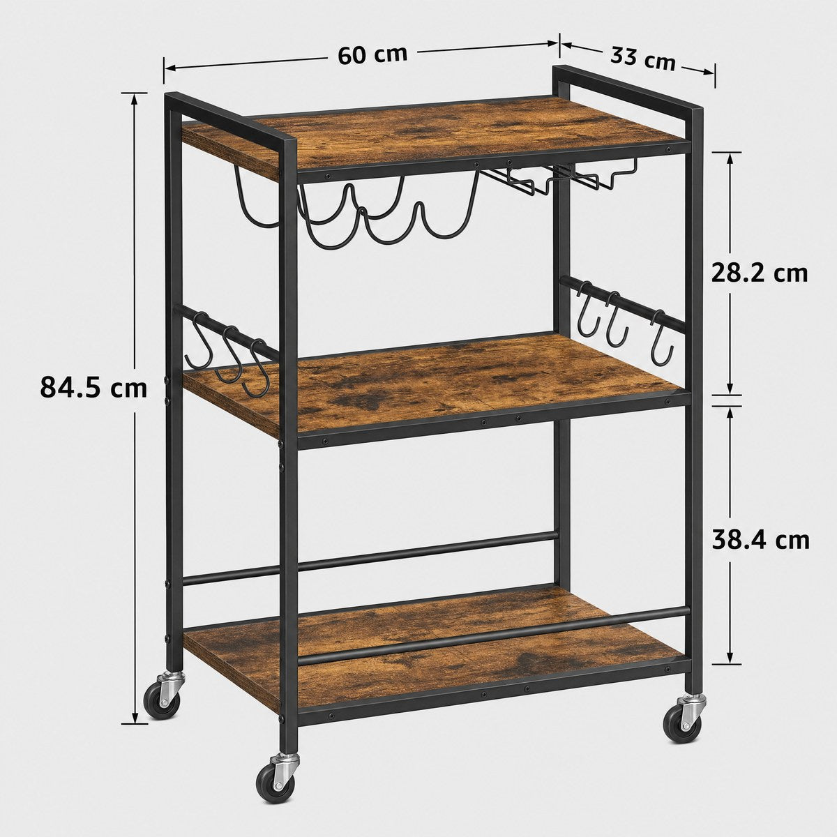 Brunswick Rustic Iron and Wood Bar Cart dimensions — 84.5cm H x 60cm L x 33cm W three-tier industrial home bar cart Australia