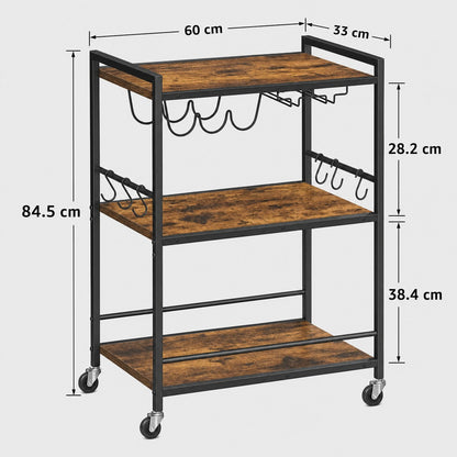 Brunswick Rustic Iron and Wood Bar Cart dimensions — 84.5cm H x 60cm L x 33cm W three-tier industrial home bar cart Australia