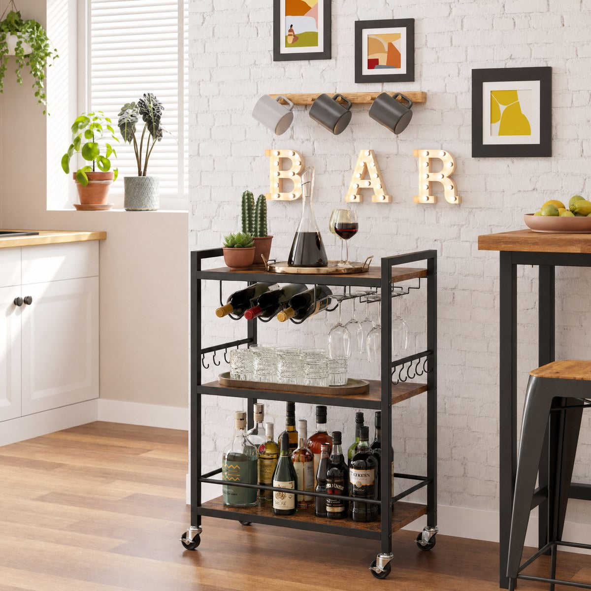 Brunswick rustic iron bar cart styled against wall — carbon steel frame home bar setup Australia
