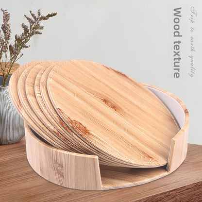 Round leather placemat set of 6 in Wooden Texture finish with matching storage caddy