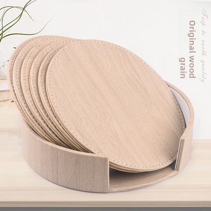 Round leather placemat set of 6 in Raw Wood Grain finish with matching storage caddy