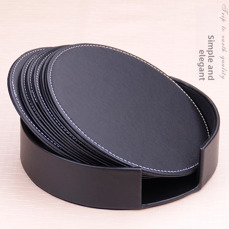 Round leather placemat set of 6 in Simple Elegant Black with matching storage caddy