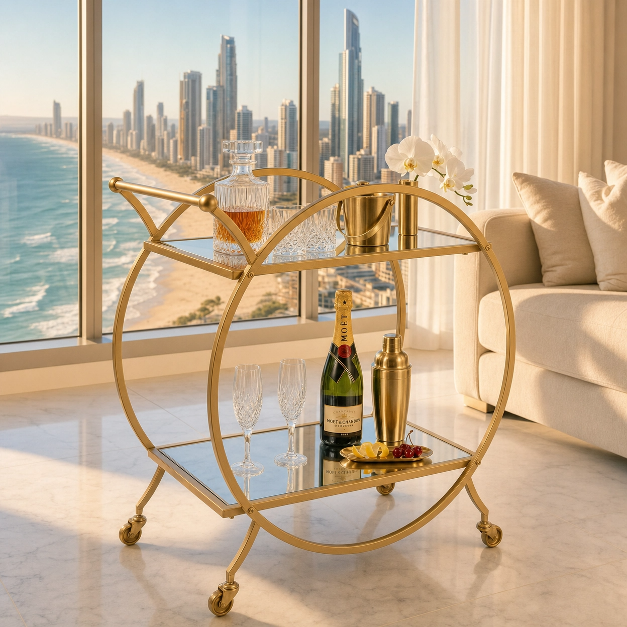 The Orion gold round bar cart in outdoor setting — alfresco bar trolley Australia