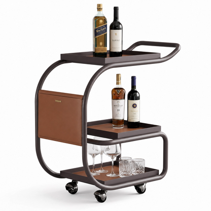 La Milano three-tier leather bar cart — curved metal frame with saddle leather shelves, Australia