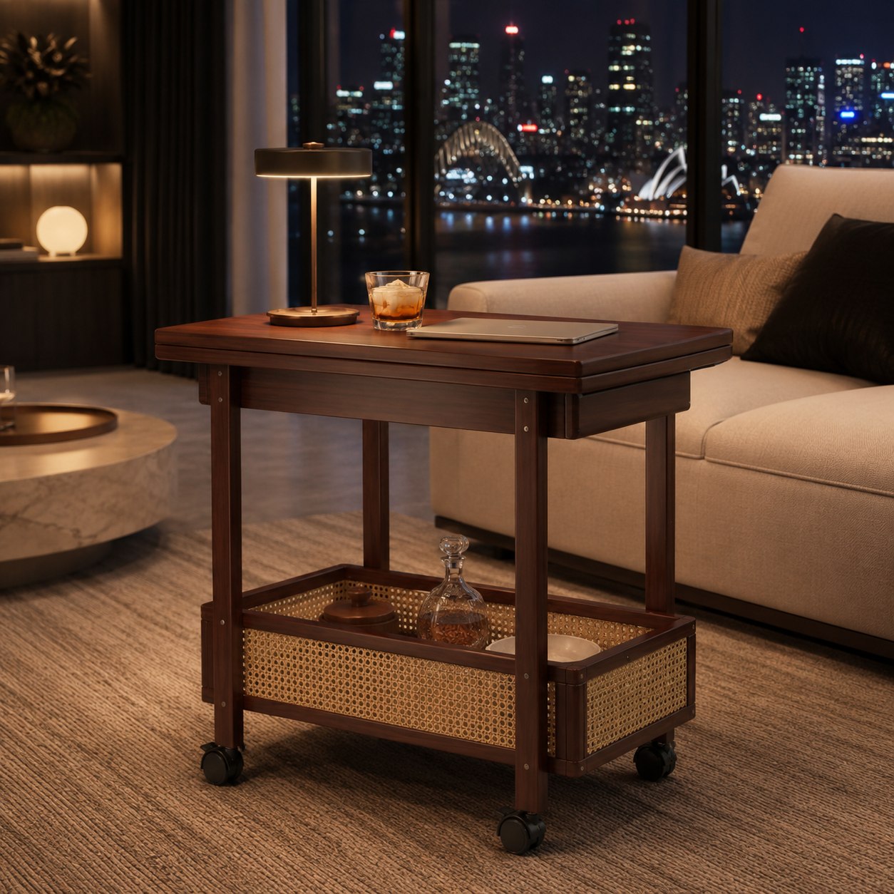 Kyoto bamboo folding side cart in a Sydney home — natural bamboo bar cart styled for entertaining