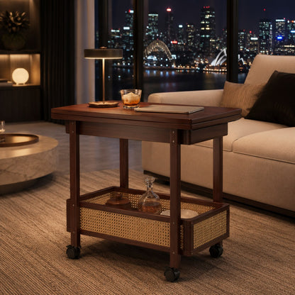 Kyoto bamboo folding side cart in a Sydney home — natural bamboo bar cart styled for entertaining