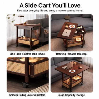 Kyoto bamboo folding side cart features overview — swivel casters, bamboo shelves and foldable frame