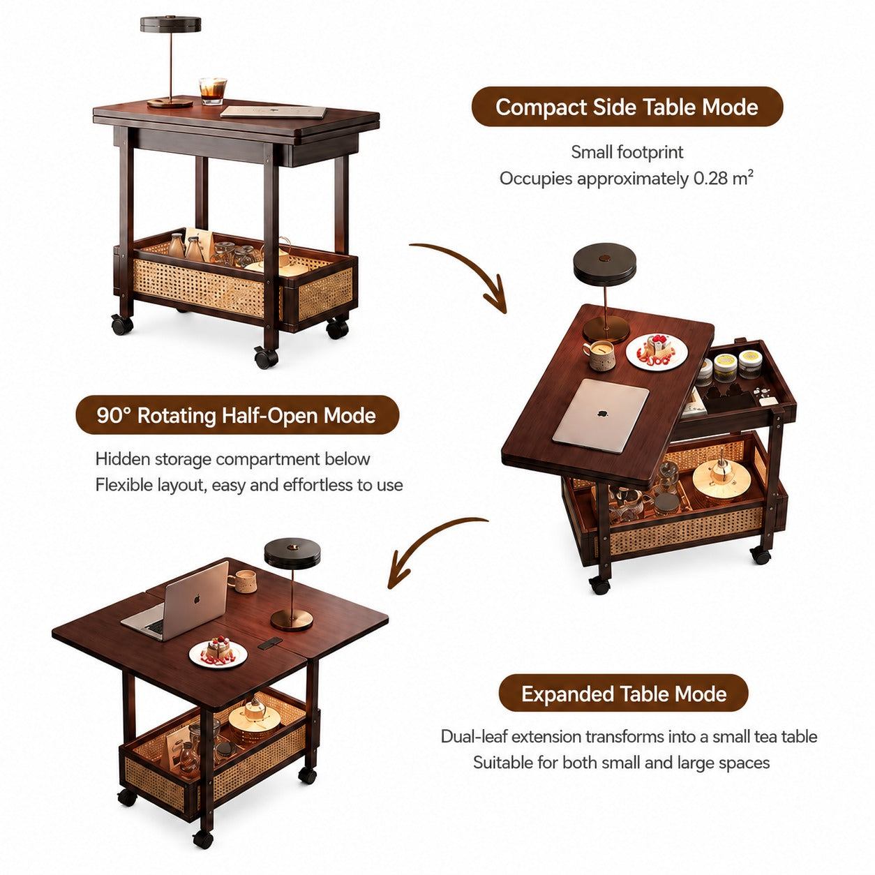 Kyoto bamboo folding side cart — three configuration modes shown side by side