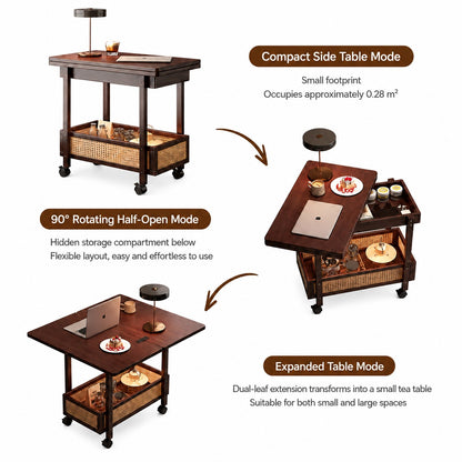 Kyoto bamboo folding side cart — three configuration modes shown side by side