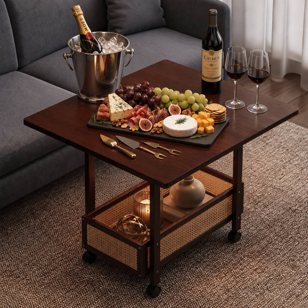 Kyoto bamboo folding side cart styled for home entertaining — drinks and snacks on natural bamboo shelves