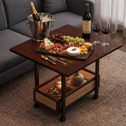 Kyoto bamboo folding side cart styled for home entertaining — drinks and snacks on natural bamboo shelves