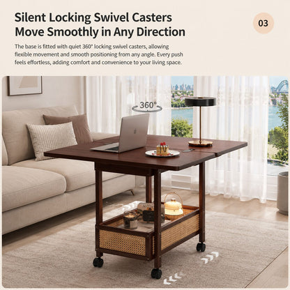 Kyoto bamboo folding side cart lifestyle — space-saving natural bamboo cart with swivel wheels on timber floor