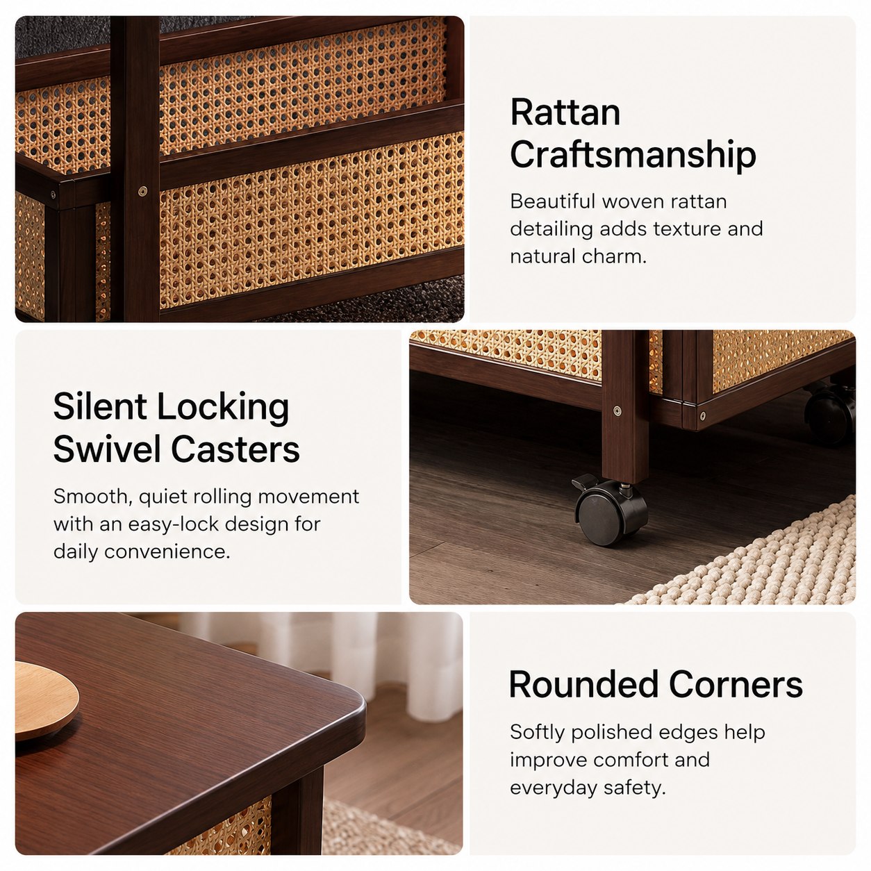 Kyoto bamboo folding side cart close-up — premium bamboo finish and locking 360-degree swivel caster wheel