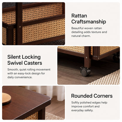 Kyoto bamboo folding side cart close-up — premium bamboo finish and locking 360-degree swivel caster wheel