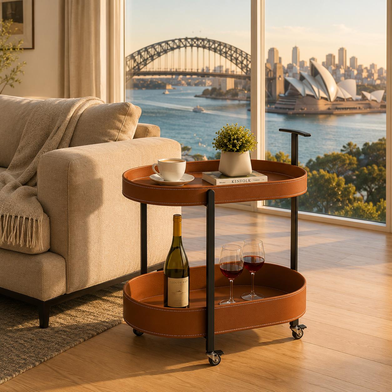 Le Provence Iron & Leather Side Trolley side view — matte iron frame and leather wrap handles Australia