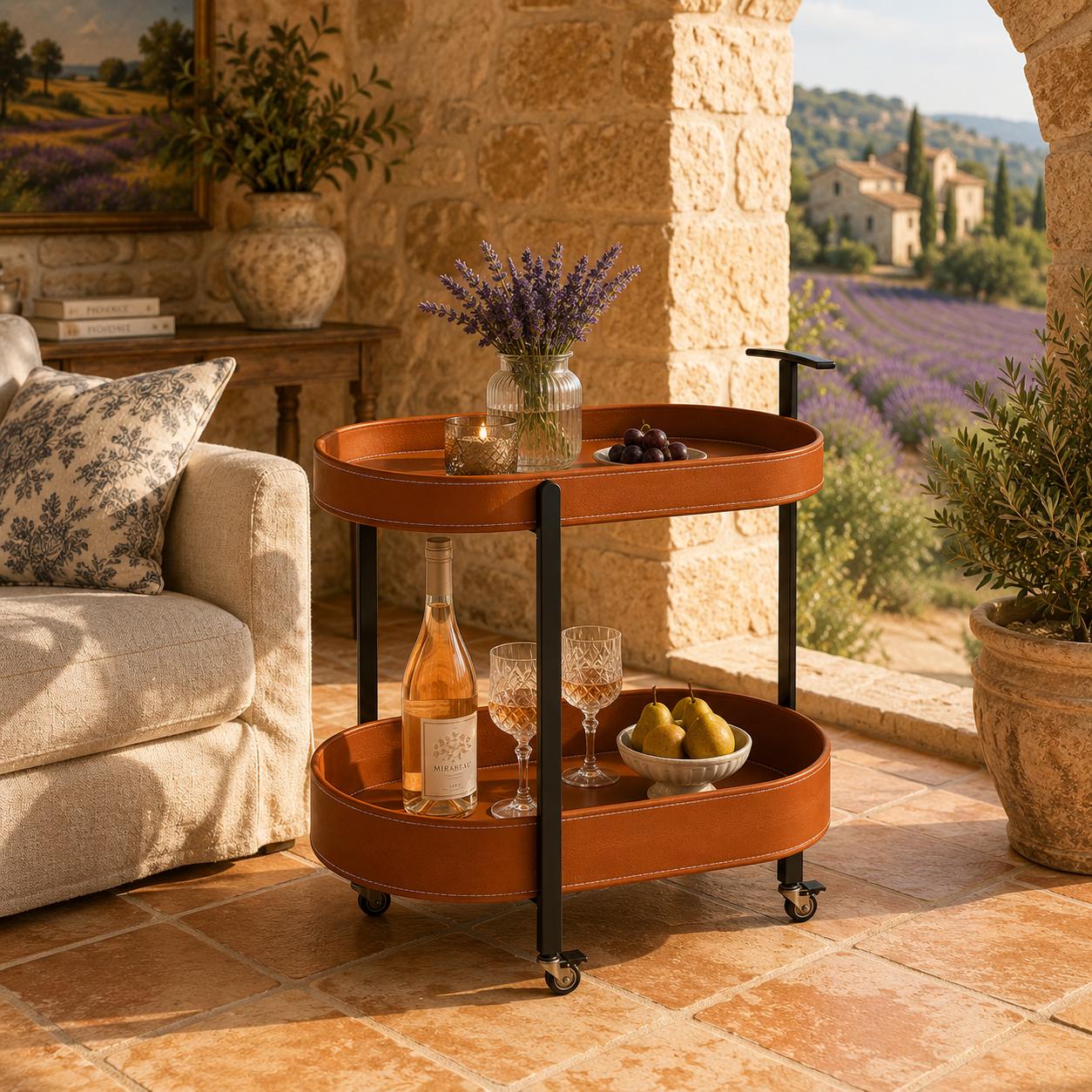Le Provence Iron & Leather Side Trolley styled in living room — French luxury drinks trolley Australia