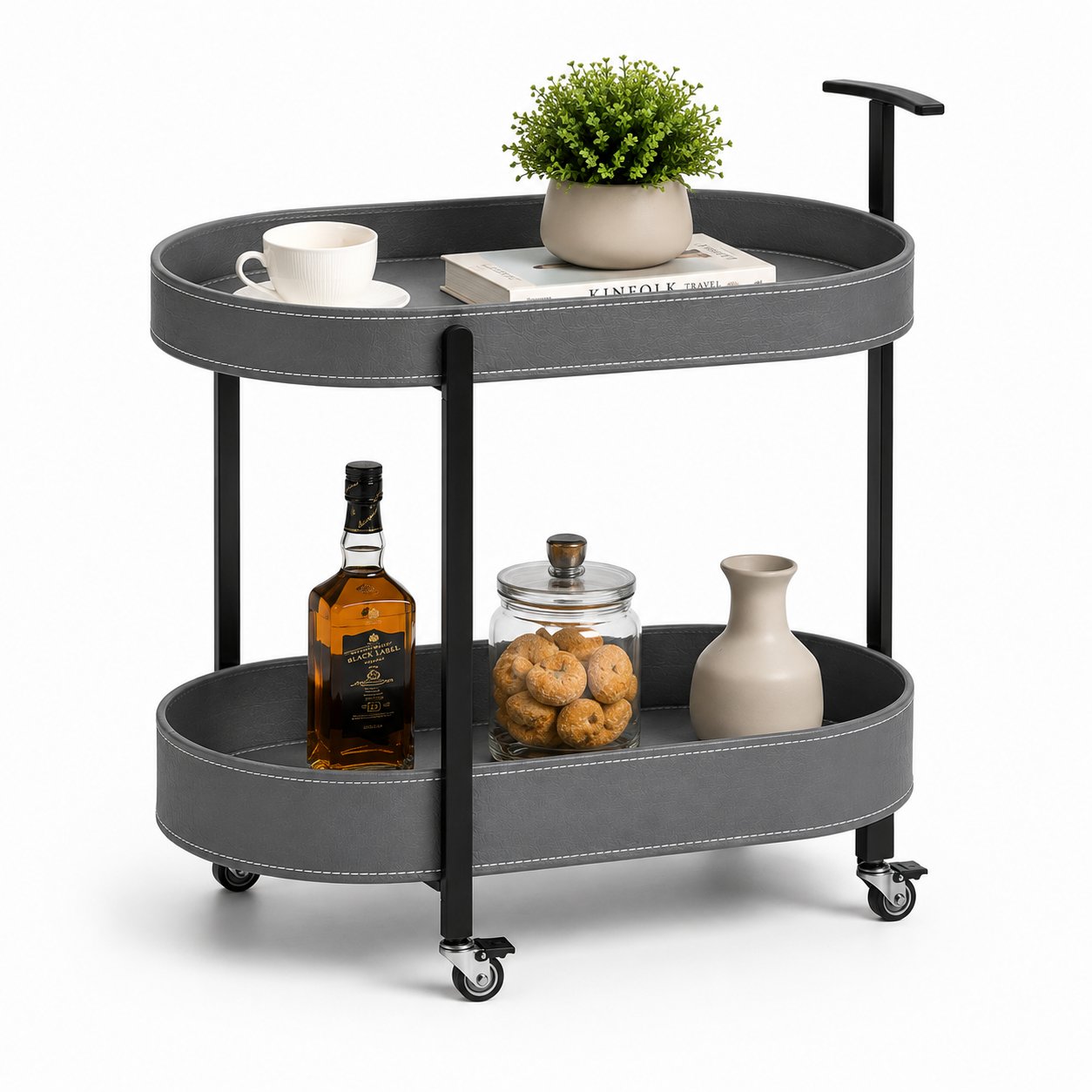 Le Provence Iron & Leather Side Trolley top shelf detail — leather tray with raised iron guardrail Australia