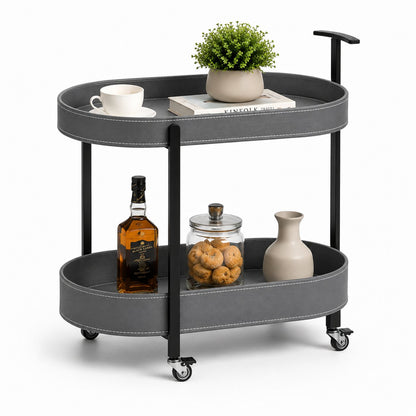 Le Provence Iron & Leather Side Trolley top shelf detail — leather tray with raised iron guardrail Australia