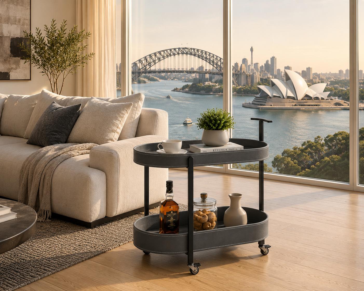 Le Provence Iron & Leather Side Trolley lower shelf — ample storage for bottles and barware Australia