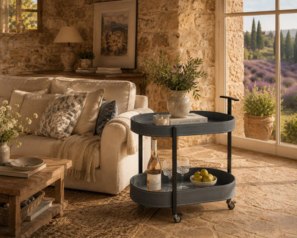Le Provence Iron & Leather Side Trolley rear view — cross-bar frame and leather shelf detail Australia