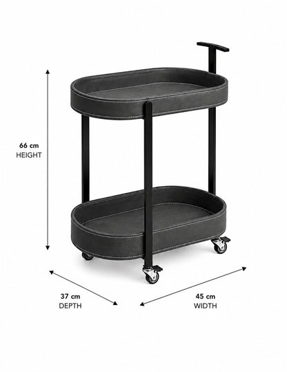 Le Provence Iron & Leather Side Trolley in Slate Grey styled beside sofa — indoor bar cart Australia