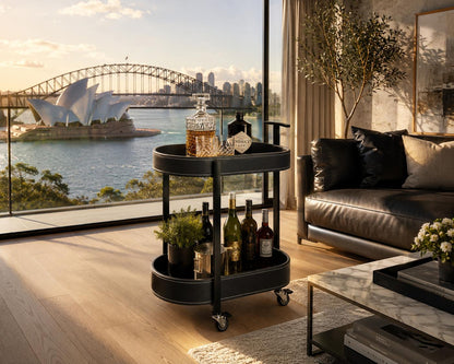 Le Provence Iron & Leather Side Trolley dimensions view — compact side trolley for home bars Australia