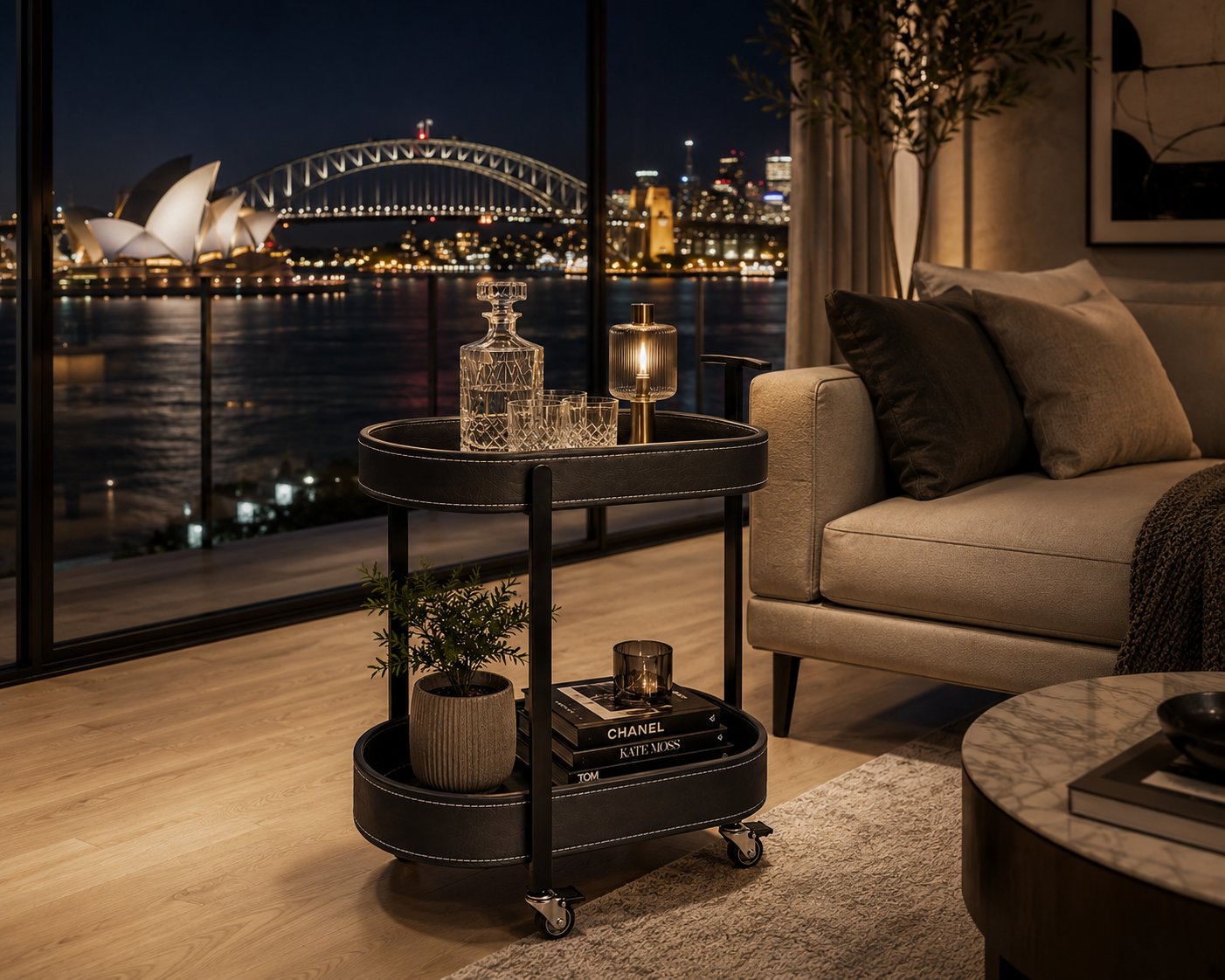 Le Provence Iron & Leather Side Trolley in styled living area — drinks trolley for home entertaining Australia