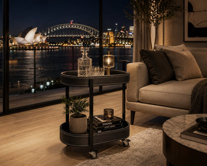 Le Provence Iron & Leather Side Trolley in styled living area — drinks trolley for home entertaining Australia
