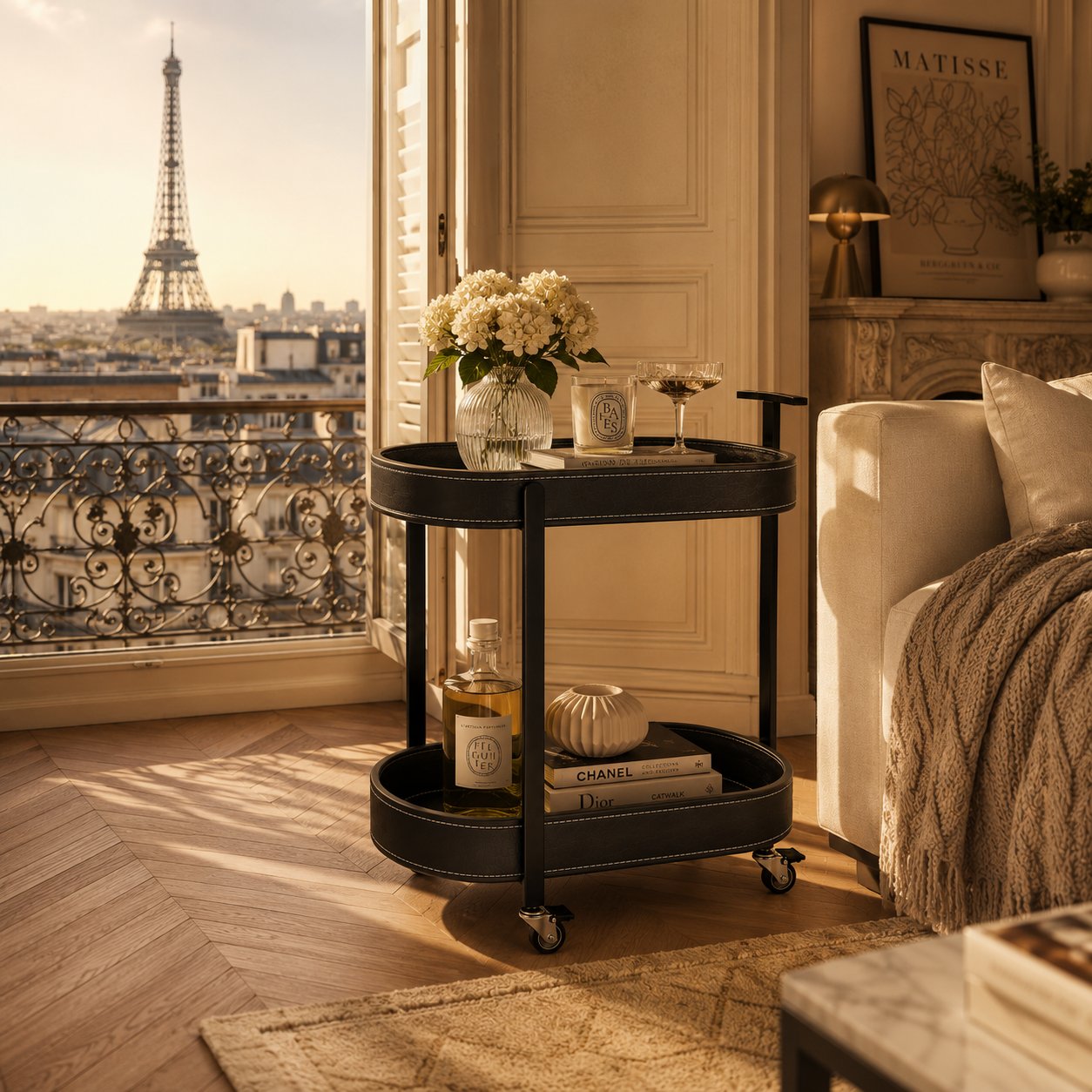 Le Provence Iron & Leather Side Trolley in Onyx Black close up — iron and leather luxury bar cart Australia
